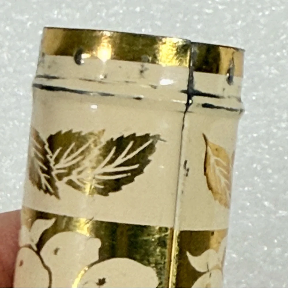 Tums Antacid Vintage Metal Pushup Pocket Travel Container Fruit Print Gld Ivory
